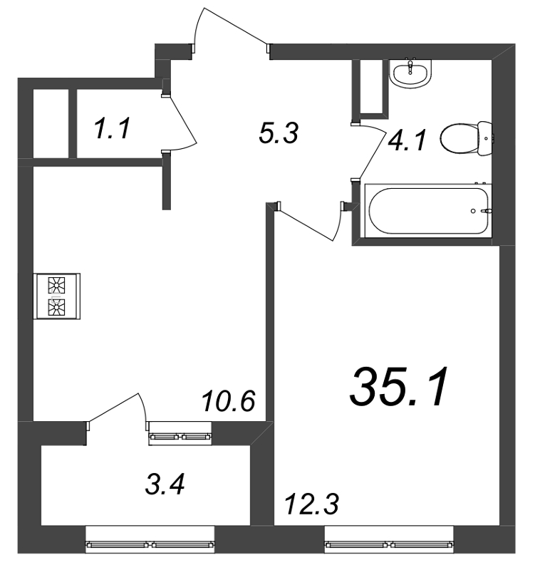 1-комнатная квартира, 35.2 м² в ЖК "Галактика" - планировка, фото №1