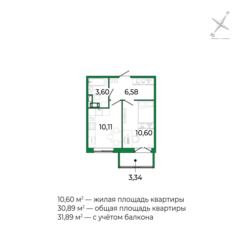 1-комнатная квартира, 31.89 м² - планировка, фото №1