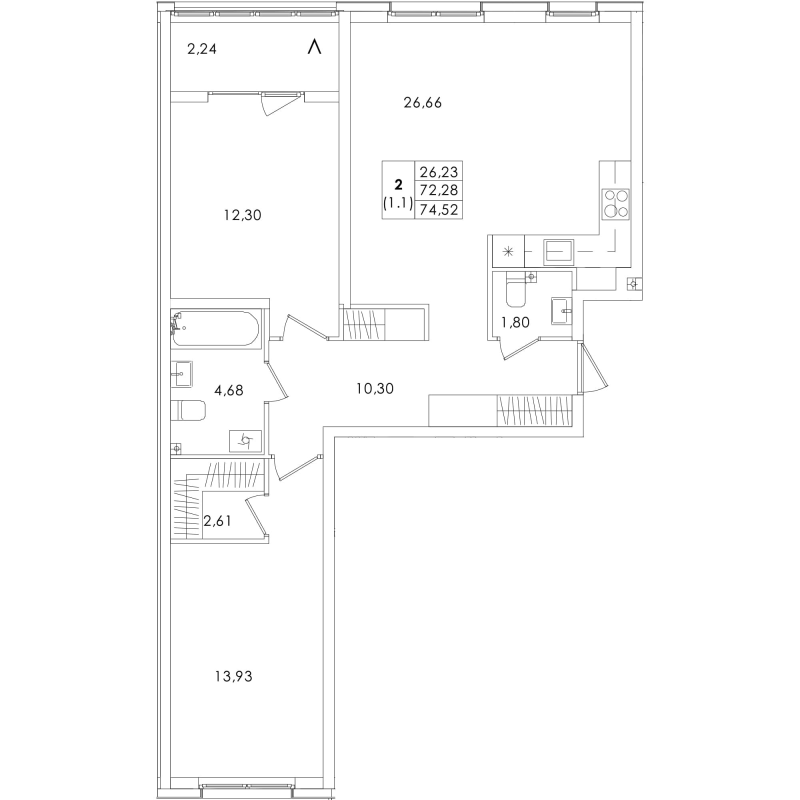 3-комнатная (Евро) квартира, 74.52 м² в ЖК "Лисино" - планировка, фото №1
