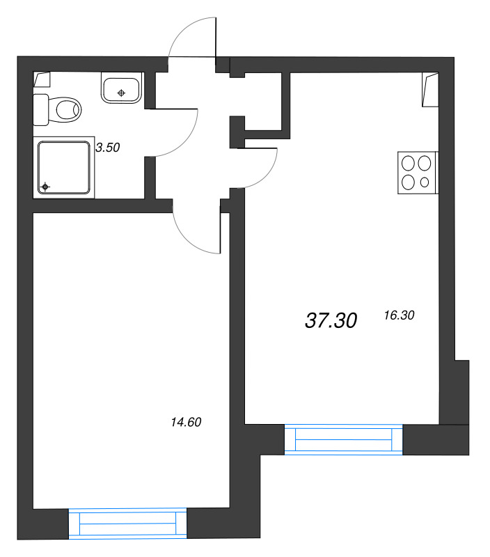 2-комнатная (Евро) квартира, 37.3 м² - планировка, фото №1