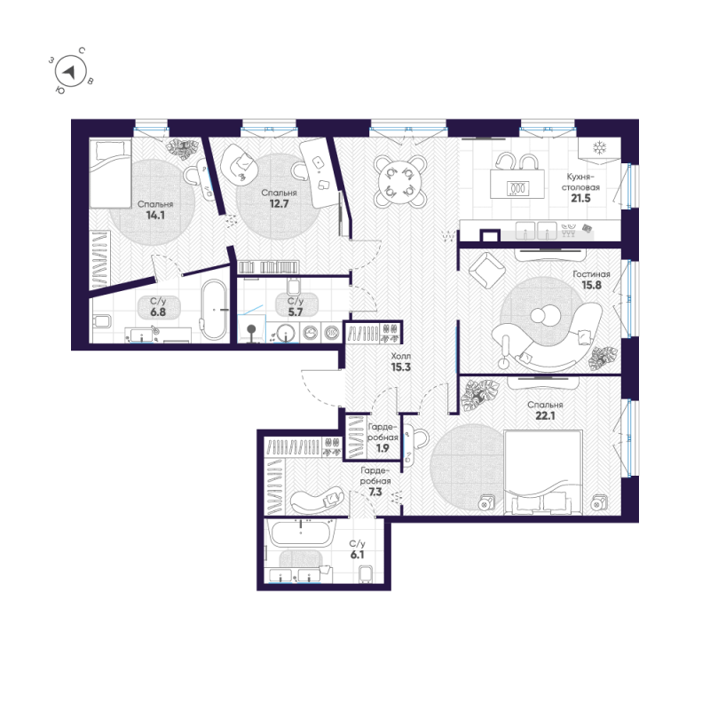 5-комнатная (Евро) квартира, 129.3 м² в ЖК "ЛДМ" - планировка, фото №1