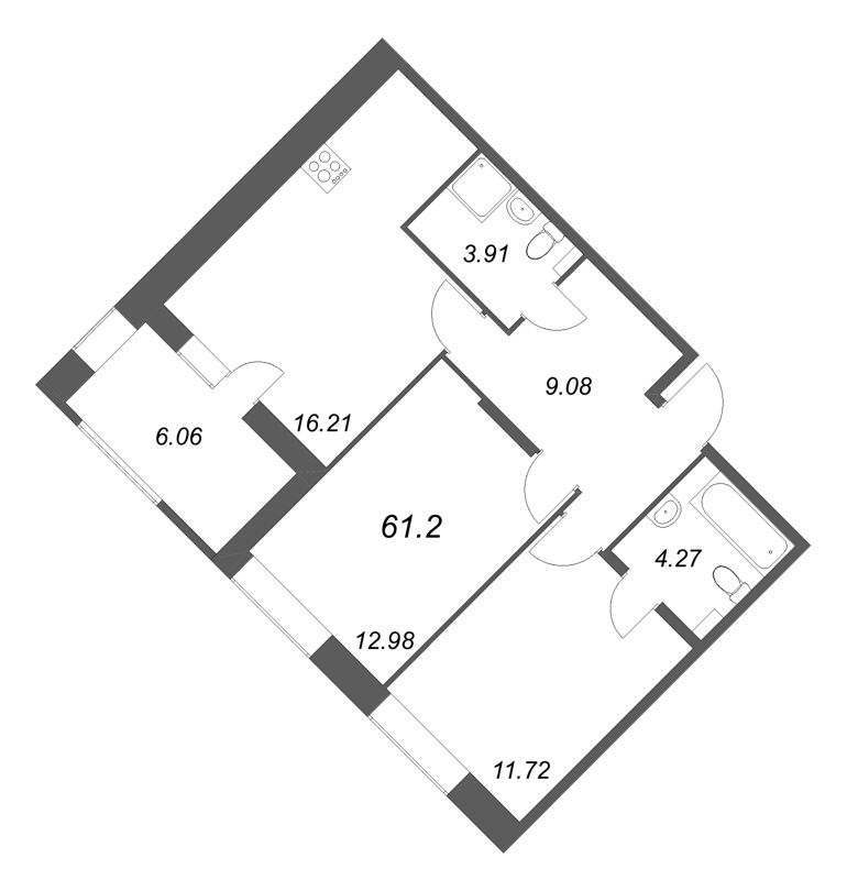 3-комнатная (Евро) квартира, 61.2 м² в ЖК "Аквилон RekaPark" - планировка, фото №1