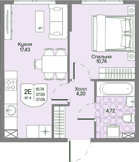 2-комнатная (Евро) квартира, 37.09 м² в ЖК "Охтинские высоты" - планировка, фото №1