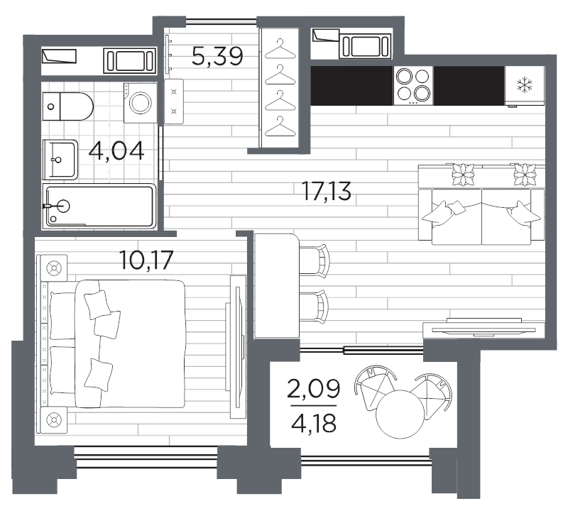 2-комнатная (Евро) квартира, 38.82 м² в ЖК "Ассамблея" - планировка, фото №1