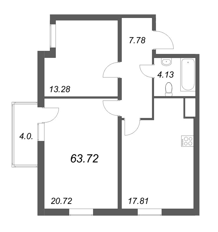 3-комнатная (Евро) квартира, 63.72 м² в ЖК "Belevsky Club" - планировка, фото №1
