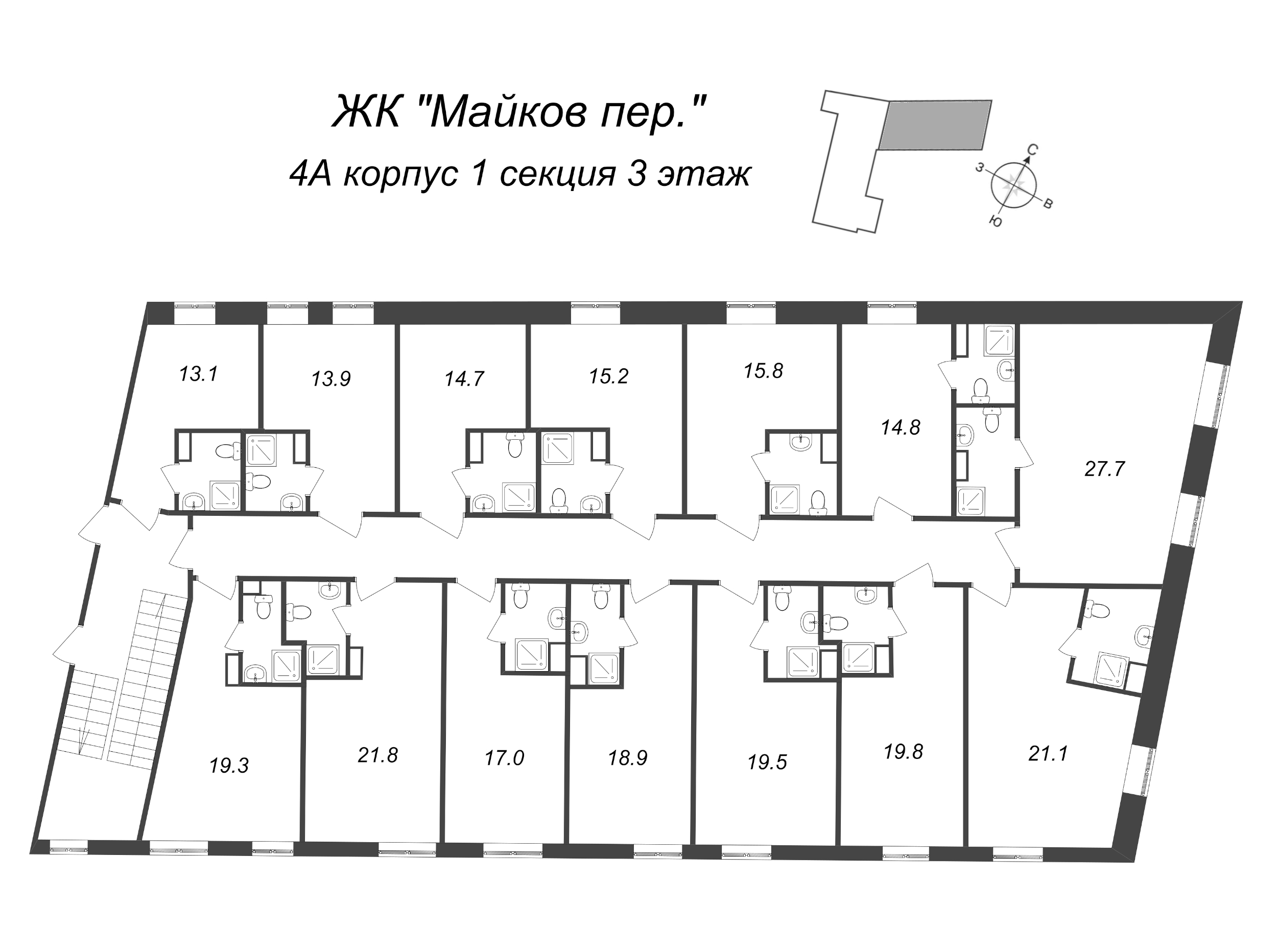 Квартира-студия, 21.8 м² в ЖК "Майков пер., 4А" - планировка этажа