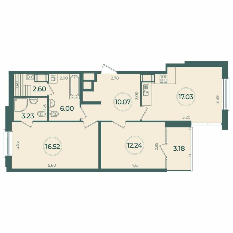 3-комнатная (Евро) квартира, 68.64 м² в ЖК "Дуалист" - планировка, фото №1