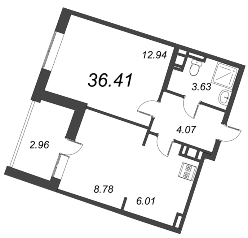 1-комнатная квартира, 36.41 м² - планировка, фото №1