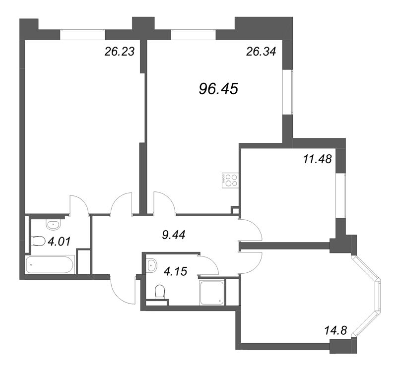 4-комнатная (Евро) квартира, 96.45 м² в ЖК "Цивилизация на неве" - планировка, фото №1