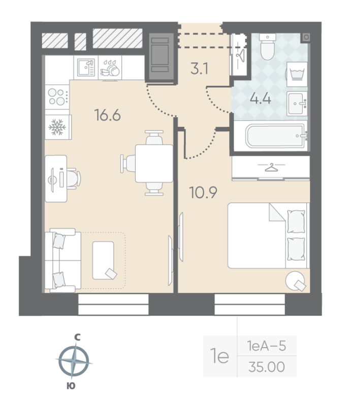 2-комнатная (Евро) квартира, 35 м² в ЖК "Большая Охта" - планировка, фото №1