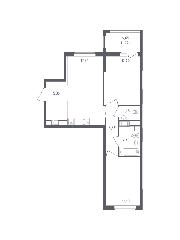 3-комнатная (Евро) квартира, 58.46 м² в ЖК "Южная Нева" - планировка, фото №1