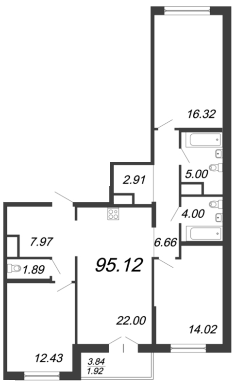 4-комнатная (Евро) квартира, 95.12 м² - планировка, фото №1