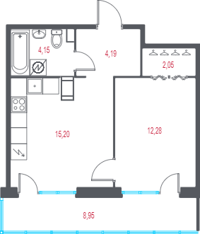 2-комнатная (Евро) квартира, 40.56 м² в ЖК "Город-спутник Южный" - планировка, фото №1