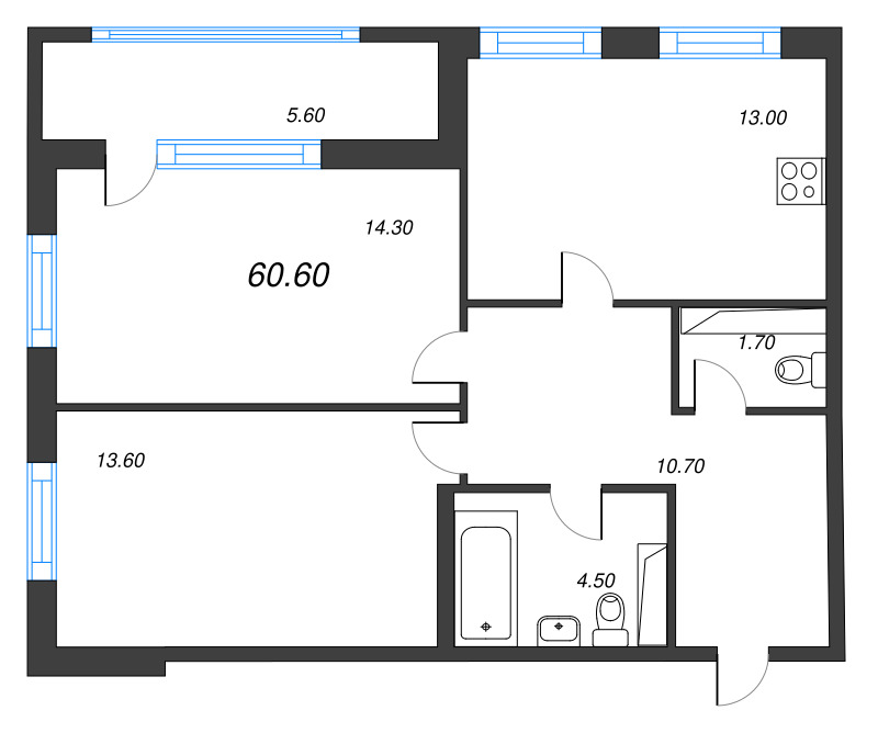 2-комнатная квартира, 60.6 м² в ЖК "Тайм Сквер" - планировка, фото №1