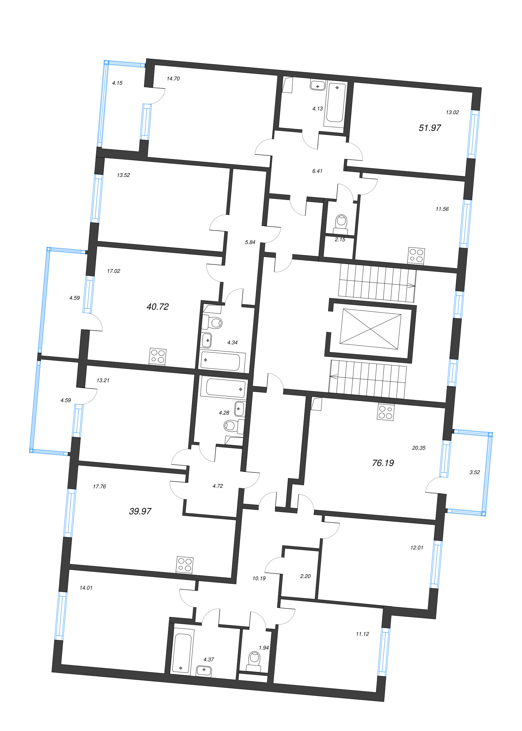2-комнатная квартира, 51.97 м² в ЖК "ЮгТаун" - планировка этажа