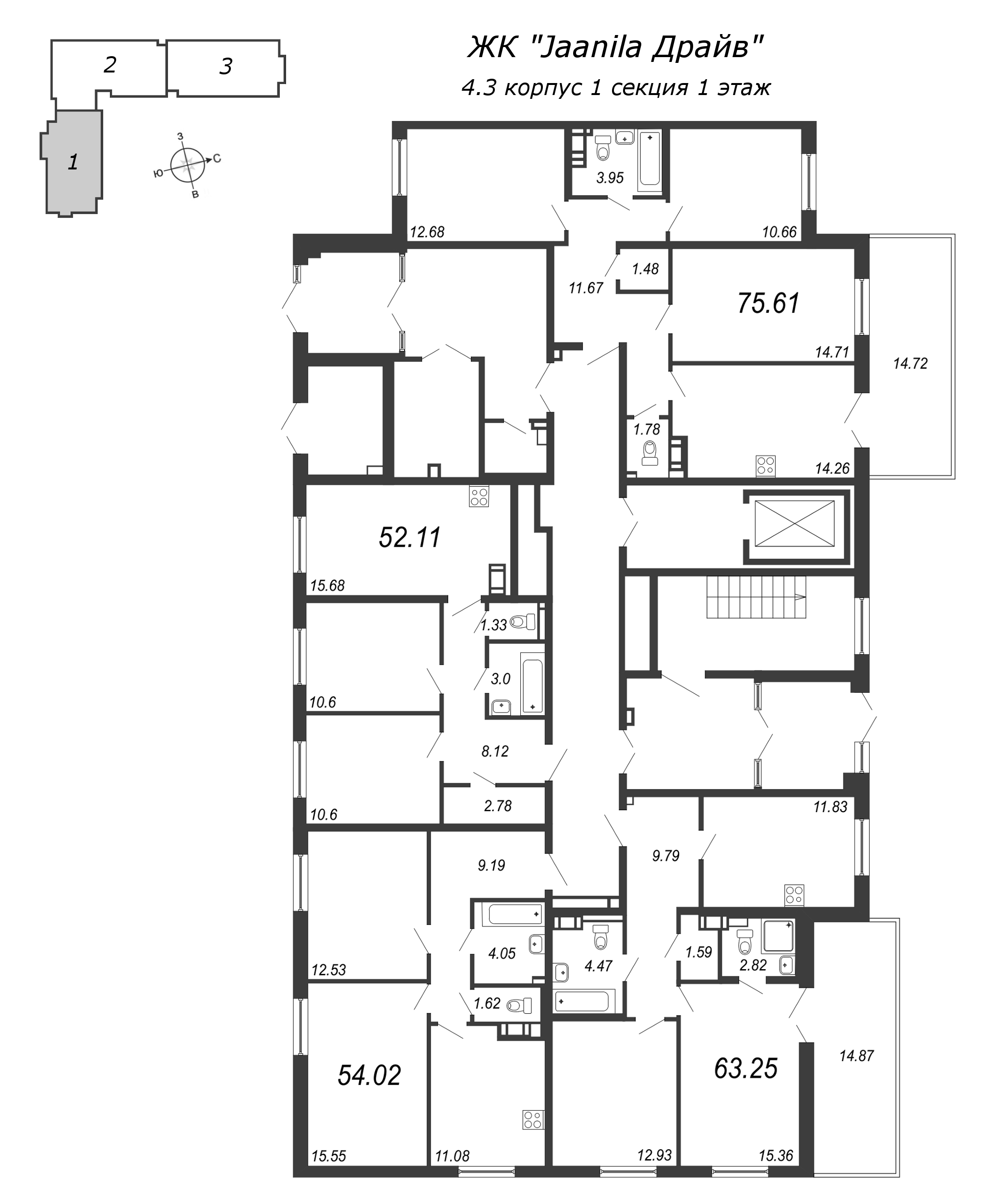 3-комнатная квартира, 71.19 м² - планировка этажа