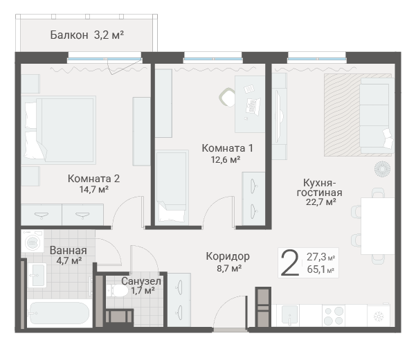 3-комнатная (Евро) квартира, 65.1 м² в ЖК "Руднева 15" - планировка, фото №1