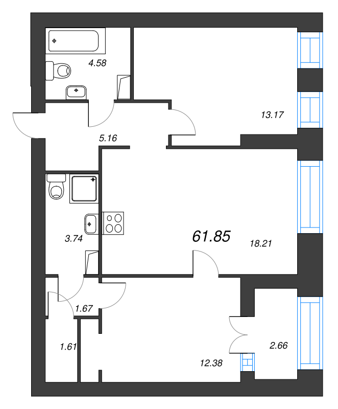 2-комнатная квартира, 61.85 м² - планировка, фото №1