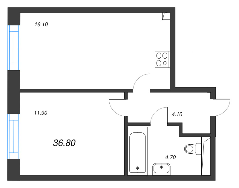 2-комнатная (Евро) квартира, 36.8 м² в ЖК "Большая Охта" - планировка, фото №1