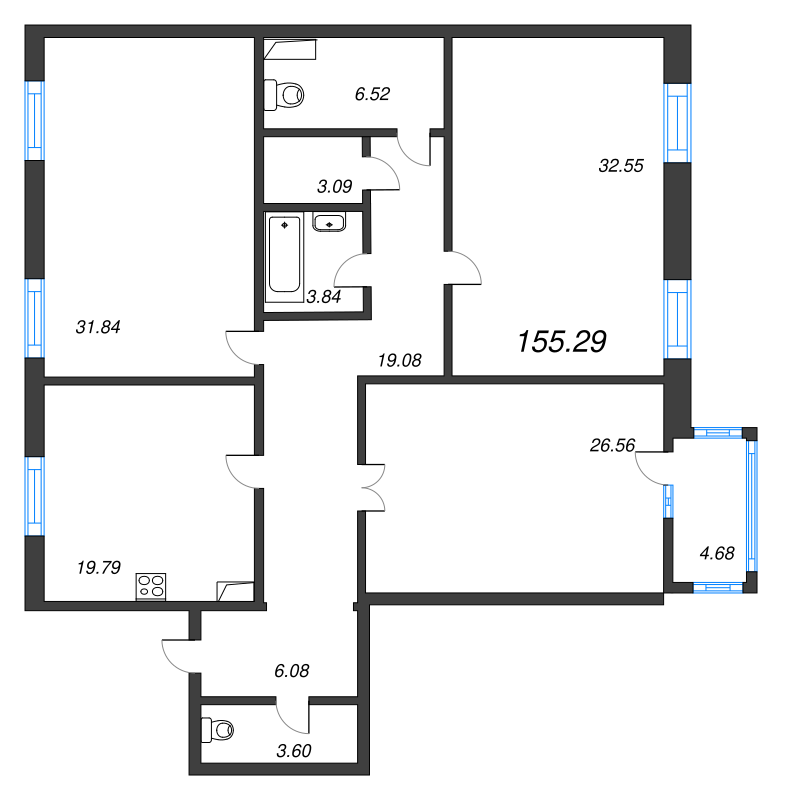 4-комнатная (Евро) квартира, 155.8 м² - планировка, фото №1