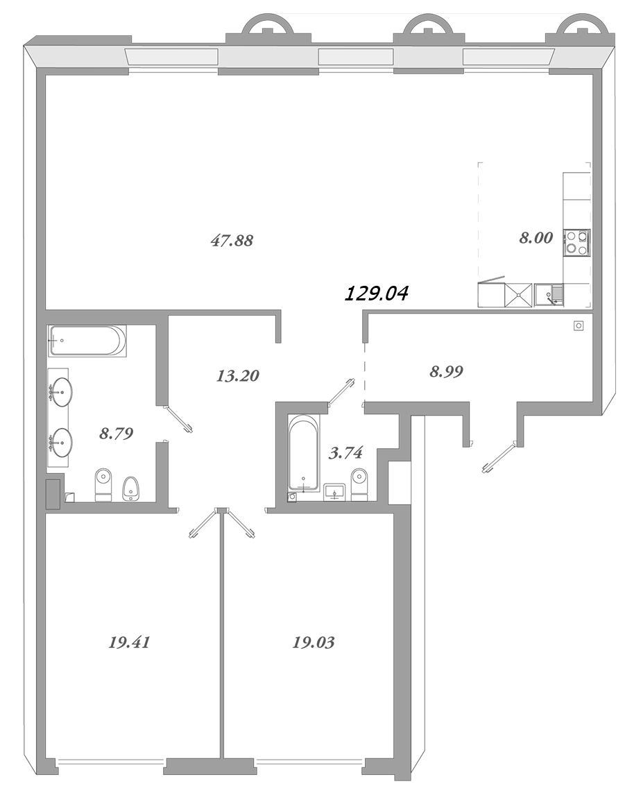 3-комнатная (Евро) квартира, 132.5 м² - планировка, фото №1