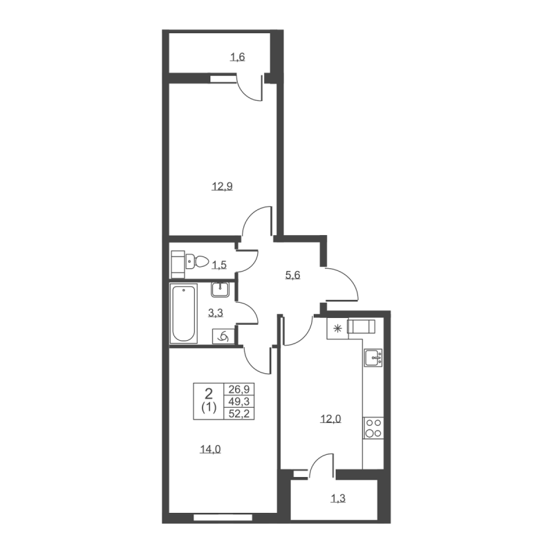 2-комнатная квартира, 52.2 м² в ЖК "Ермак" - планировка, фото №1