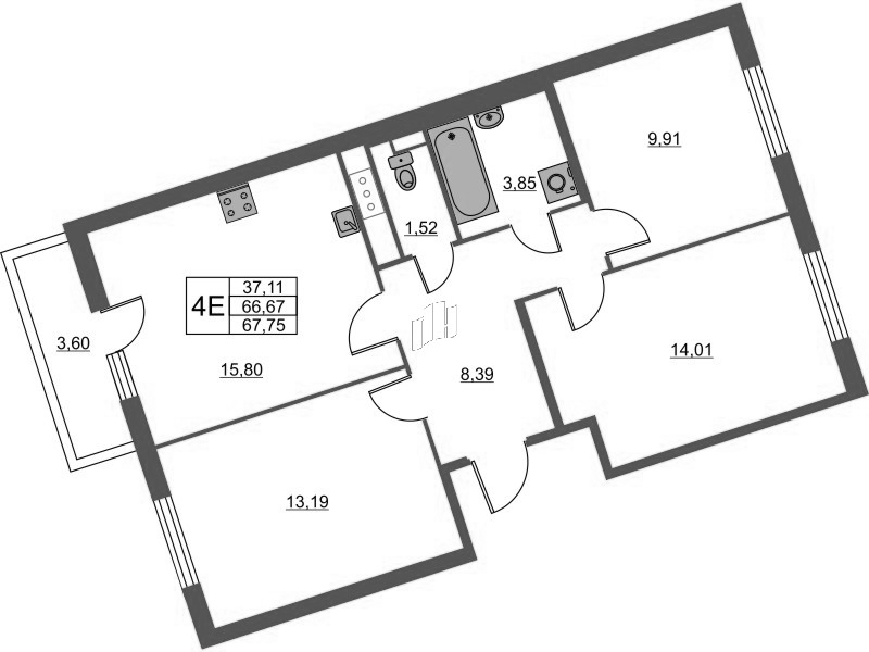 4-комнатная (Евро) квартира, 67.75 м² в ЖК "Лето" - планировка, фото №1