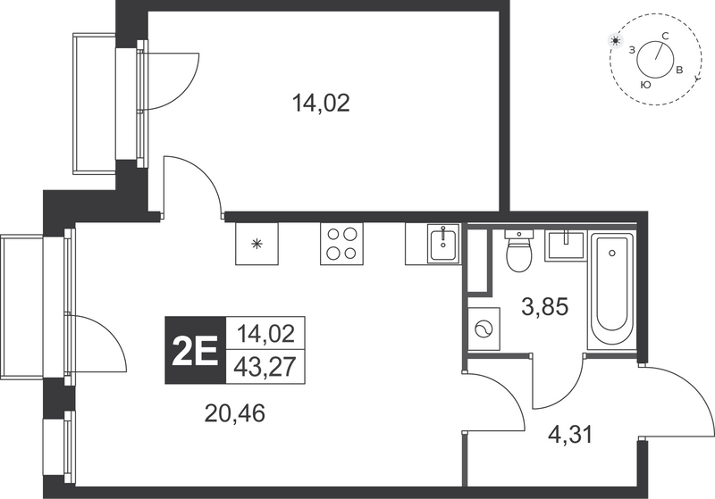 2-комнатная (Евро) квартира, 43.27 м² в ЖК "Слобода" - планировка, фото №1