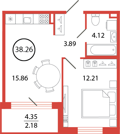 2-комнатная (Евро) квартира, 38.26 м² в ЖК "Энфилд" - планировка, фото №1
