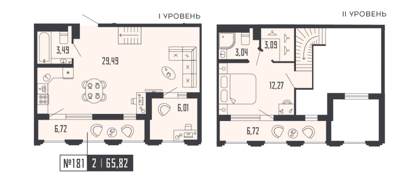 2-комнатная (Евро) квартира, 65.82 м² в ЖК "Shepilevskiy" - планировка, фото №1