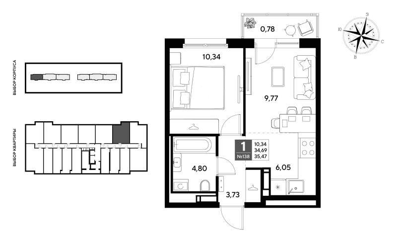 2-комнатная (Евро) квартира, 35.47 м² - планировка, фото №1