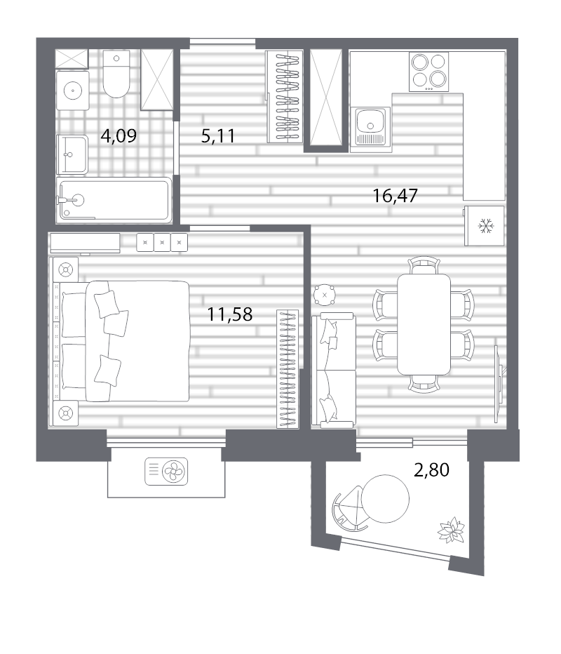 2-комнатная (Евро) квартира, 38.09 м² - планировка, фото №1
