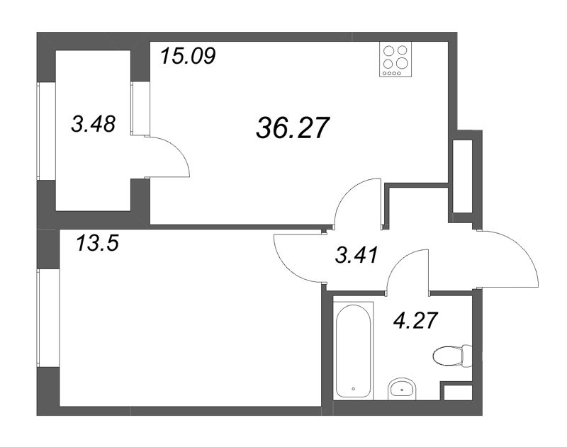 2-комнатная (Евро) квартира, 36.27 м² в ЖК "Дубровский" - планировка, фото №1