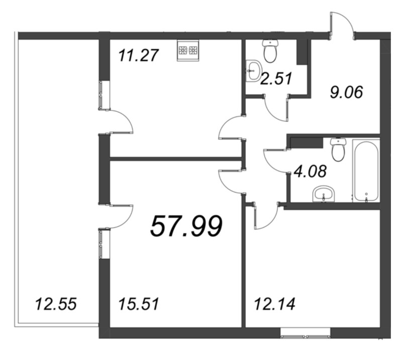 2-комнатная квартира, 57.99 м² - планировка, фото №1