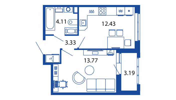 1-комнатная квартира, 33.64 м² - планировка, фото №1