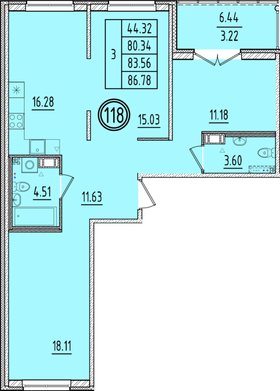 4-комнатная (Евро) квартира, 80.34 м² в ЖК "Образцовый квартал 6.4" - планировка, фото №1