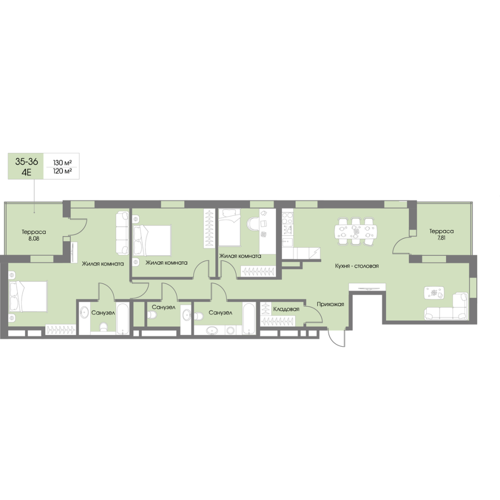 4-комнатная (Евро) квартира, 120 м² в ЖК "Рощино Residence" - планировка, фото №1