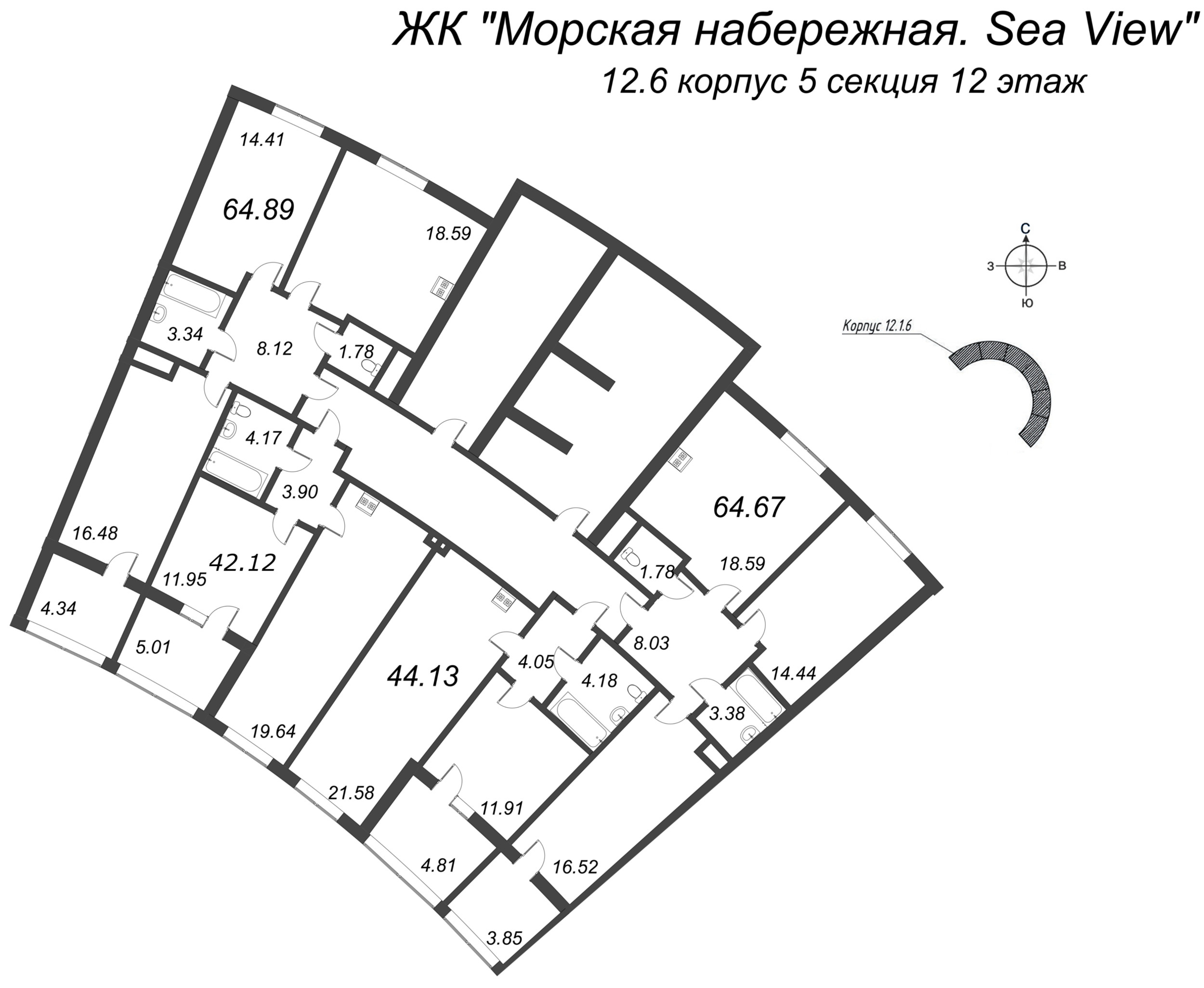3-комнатная (Евро) квартира, 64.89 м² - планировка этажа