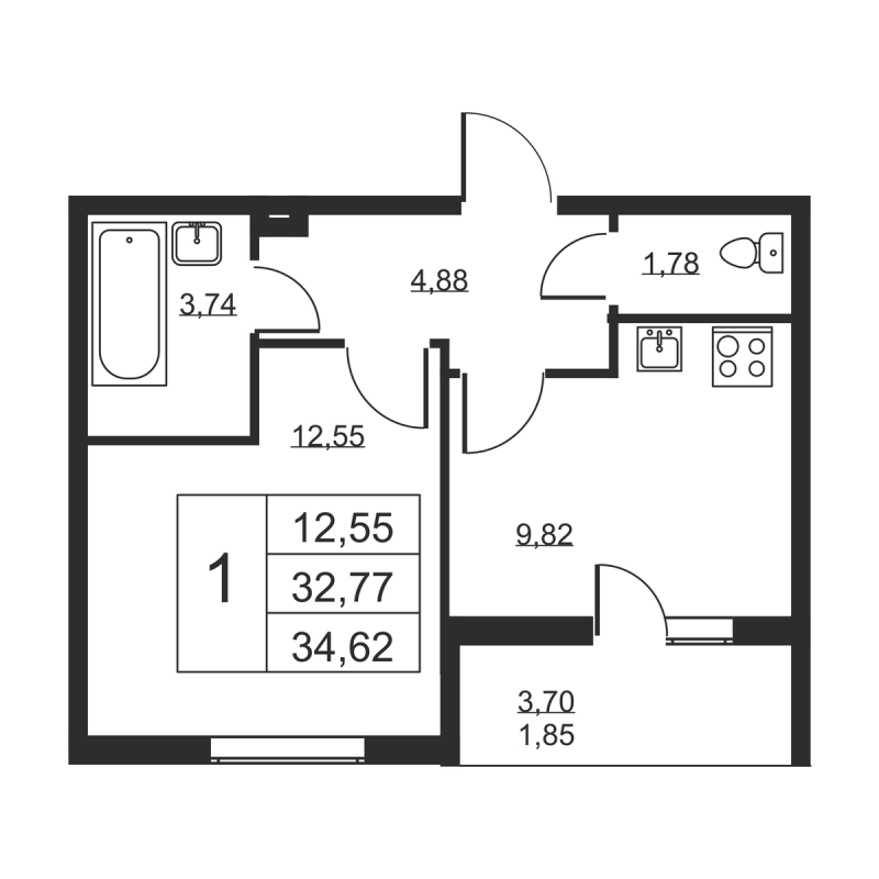 1-комнатная квартира, 34.62 м² в ЖК "Высота" - планировка, фото №1