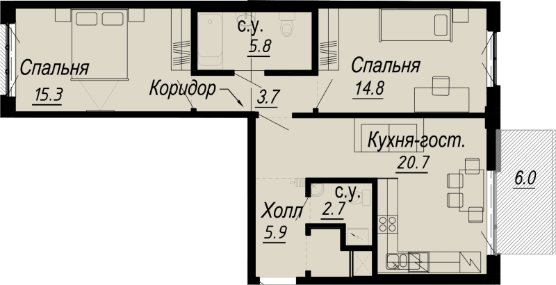 3-комнатная (Евро) квартира, 70.3 м² - планировка, фото №1