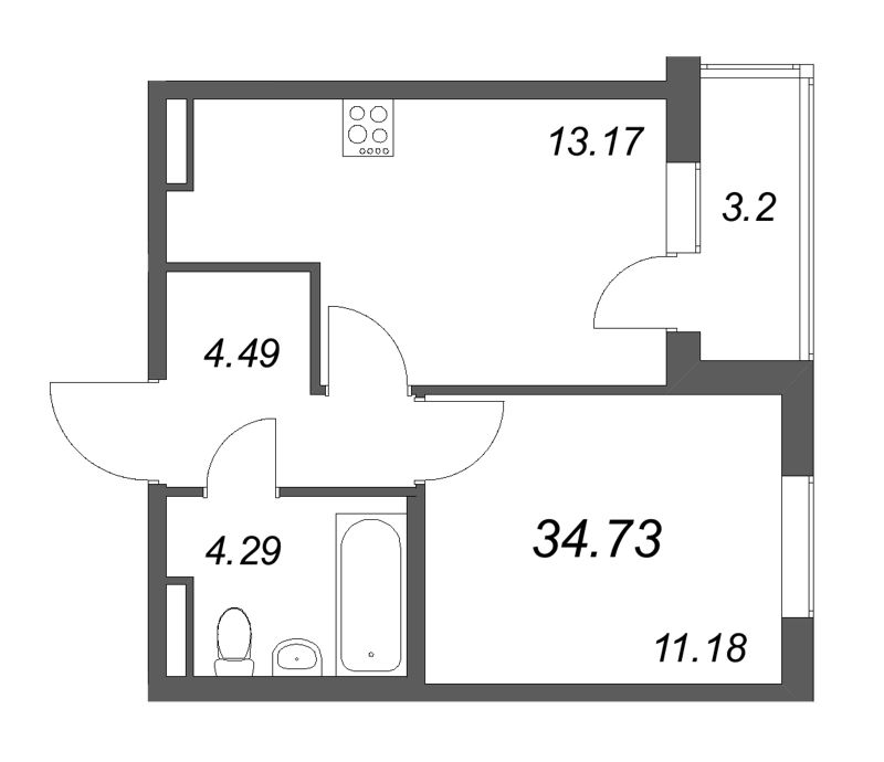 1-комнатная квартира, 34.73 м² в ЖК "Новая история" - планировка, фото №1