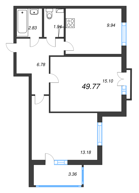 2-комнатная квартира, 49.77 м² - планировка, фото №1