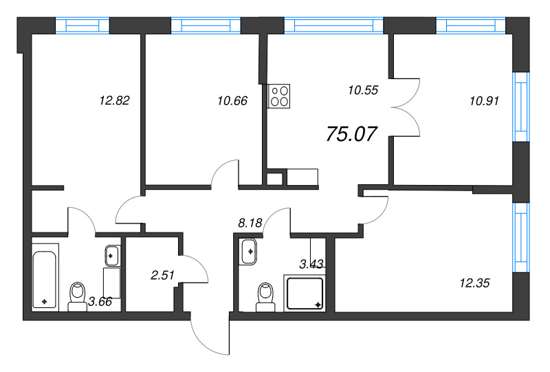 4-комнатная квартира, 75.07 м² - планировка, фото №1