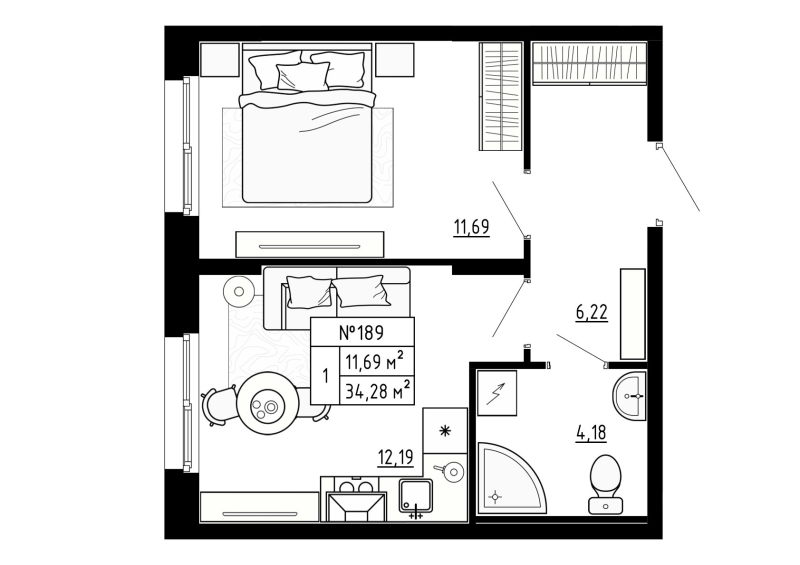 1-комнатная квартира, 34.28 м² - планировка, фото №1