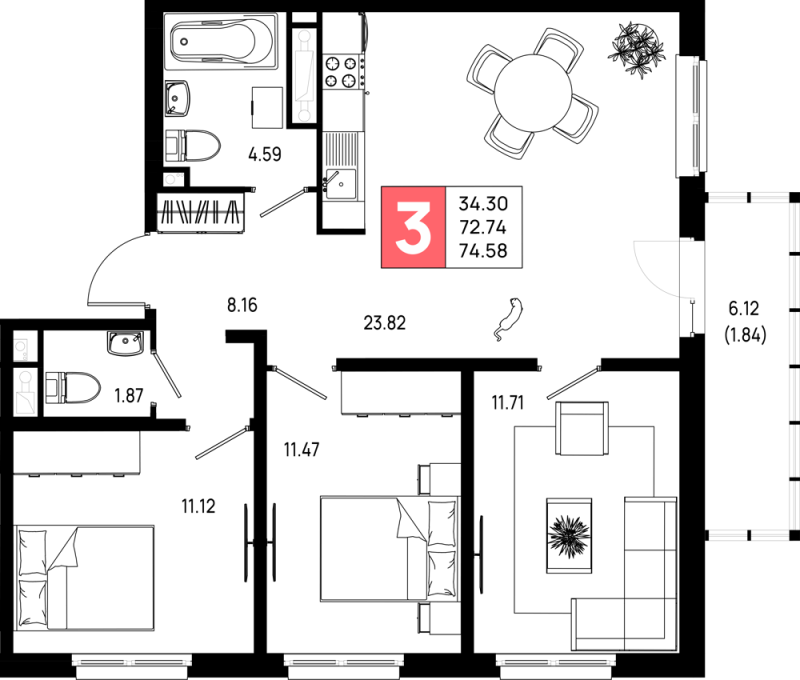 4-комнатная (Евро) квартира, 74.58 м² в ЖК "Имена" - планировка, фото №1