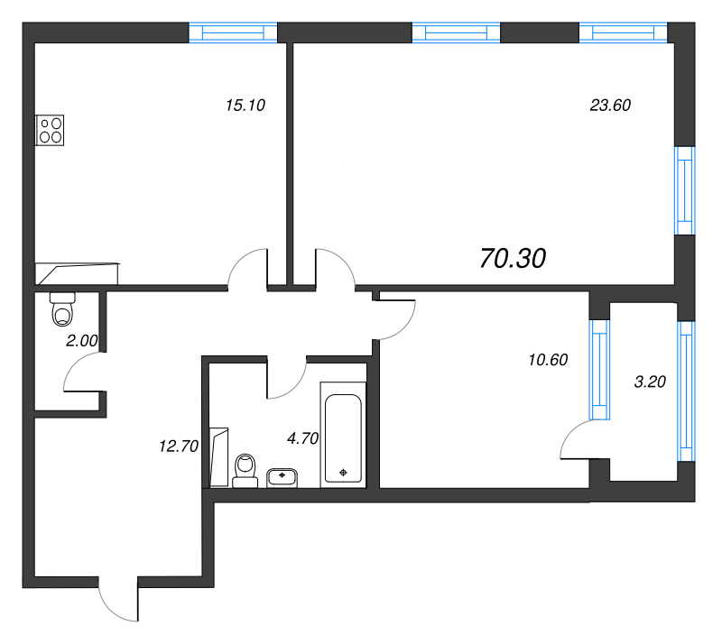 3-комнатная (Евро) квартира, 70.3 м² - планировка, фото №1