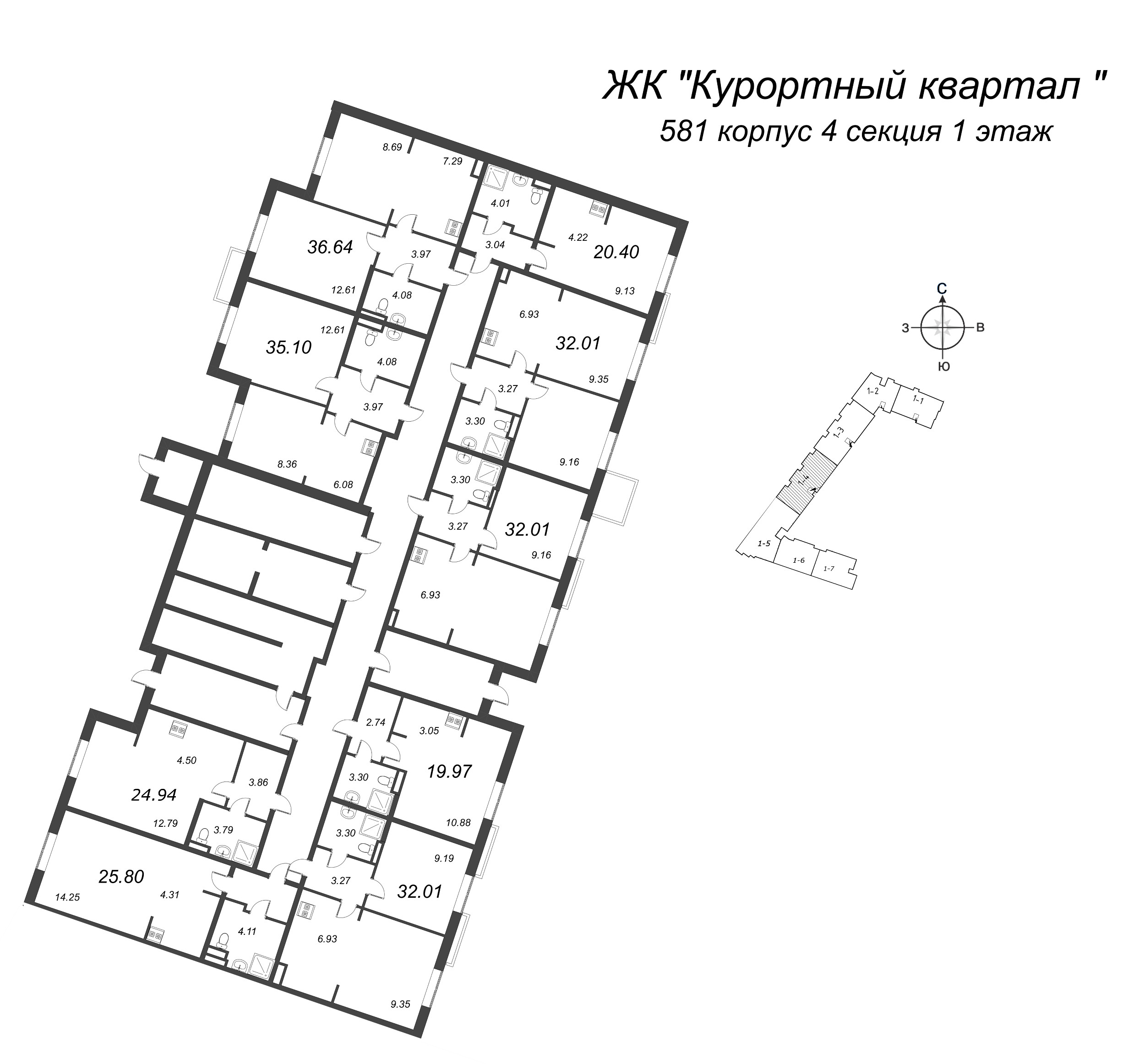 Квартира-студия, 24.94 м² в ЖК "Курортный Квартал" - планировка этажа