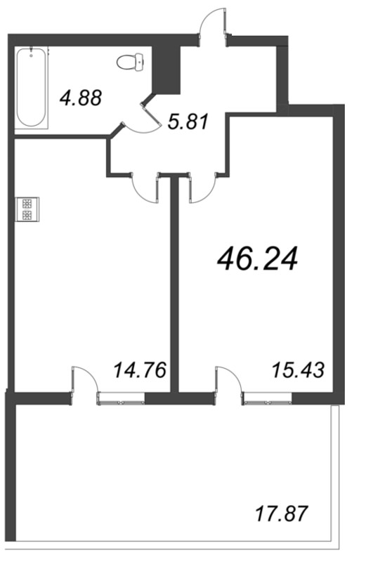 1-комнатная квартира, 46.24 м² - планировка, фото №1