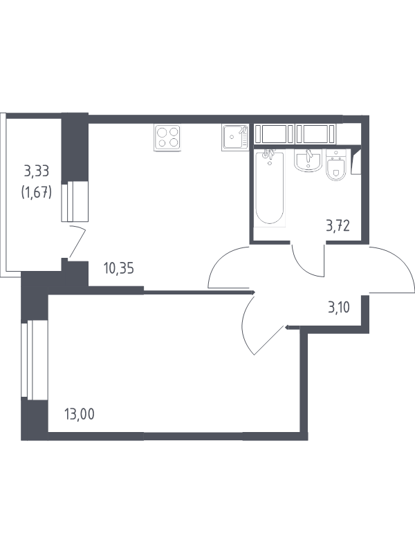 1-комнатная квартира, 31.84 м² - планировка, фото №1