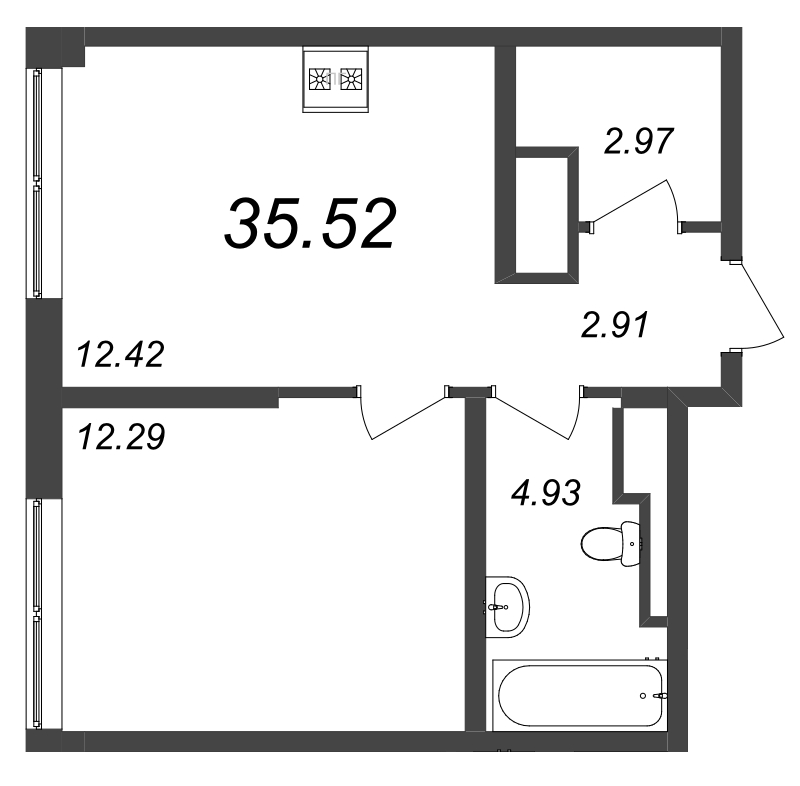 1-комнатная квартира, 35.52 м² - планировка, фото №1